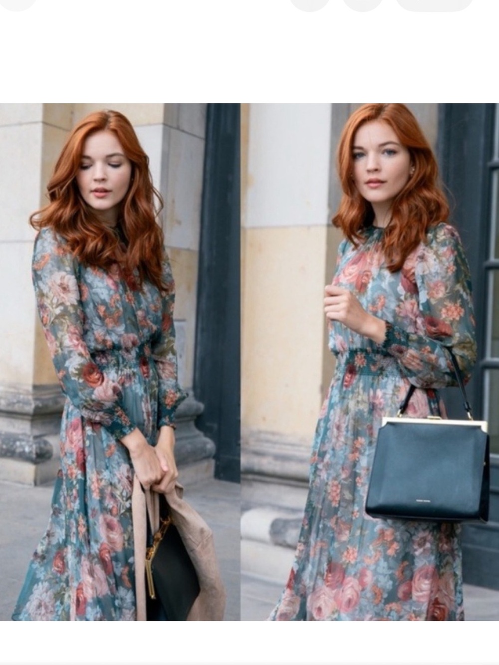 Zara Teal Floral Long‑Sleeve Midi Dress